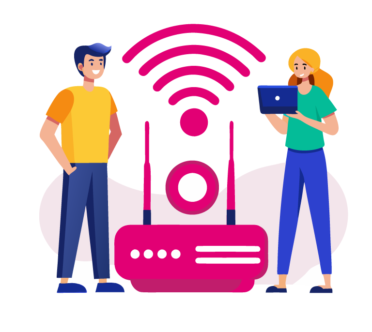 Illustration of a boy and girl standing beside a pink modem with visible Wi-Fi signals, symbolizing Australian NBN network usage.